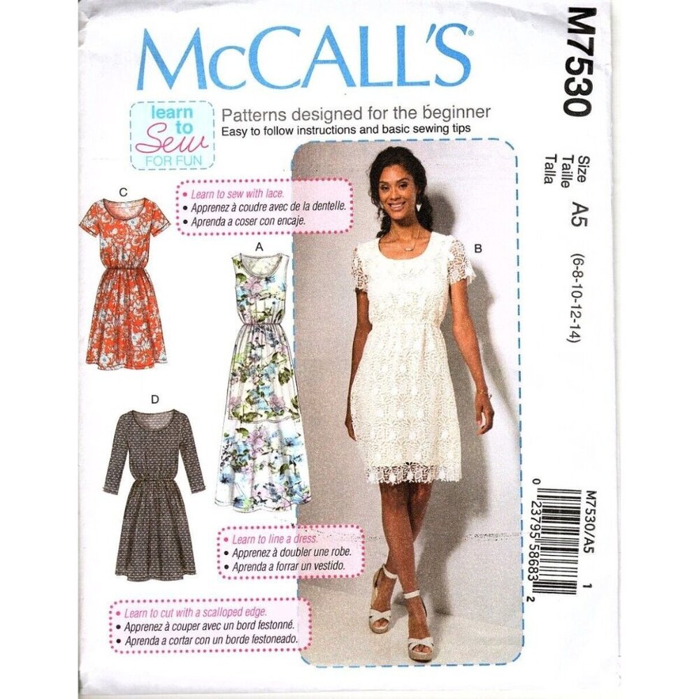 McCall's M7530 Misses 6 to 14 Learn to Sew Dress Uncut Sewing Pattern New